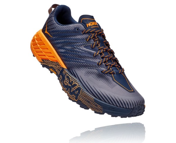 Hoka One One Speedgoat 4 Mens UK - Black / Light Gold Trail Running Shoes - BQVHP9216